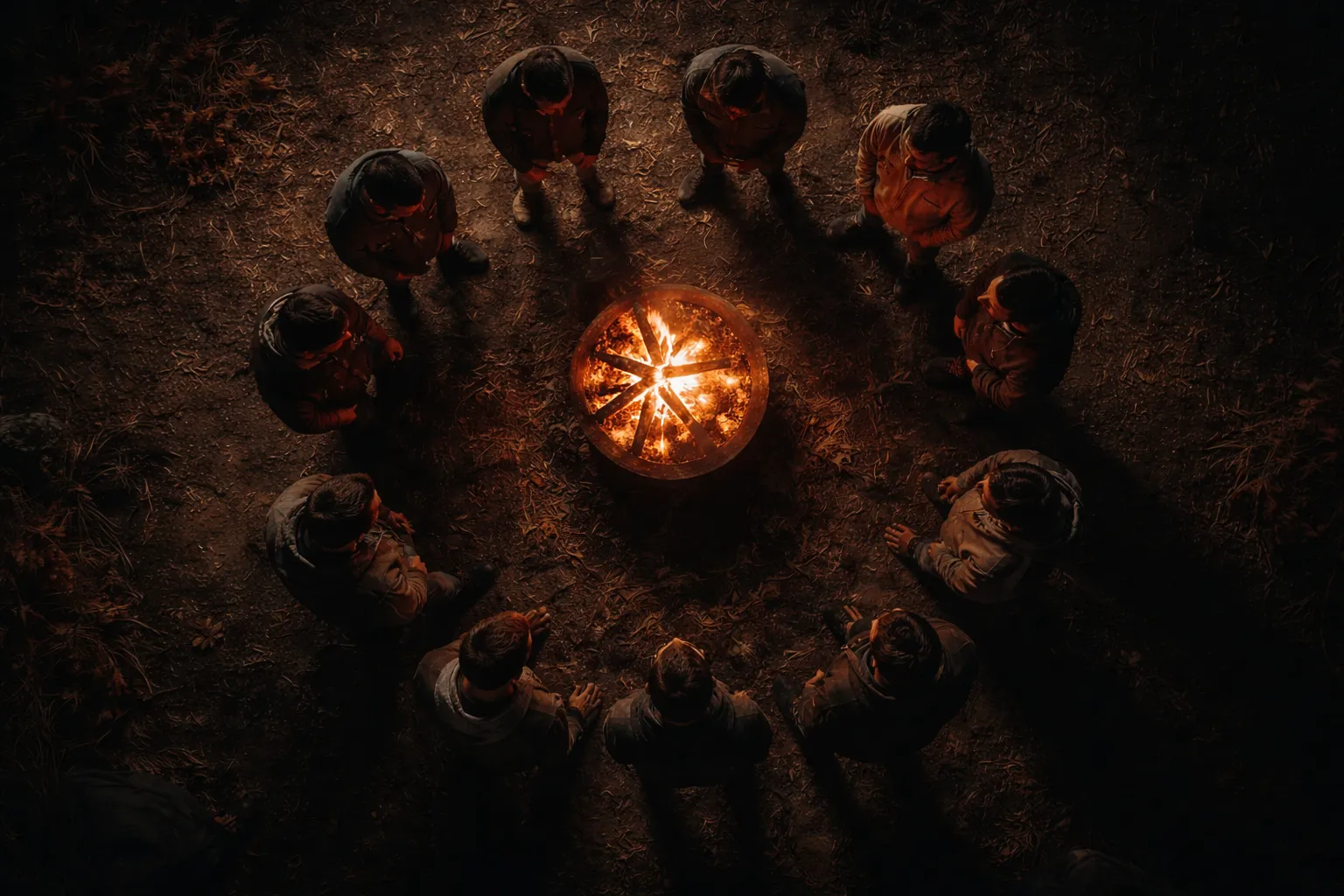 Aerial view of a fire circle at night, men gathered in ceremony