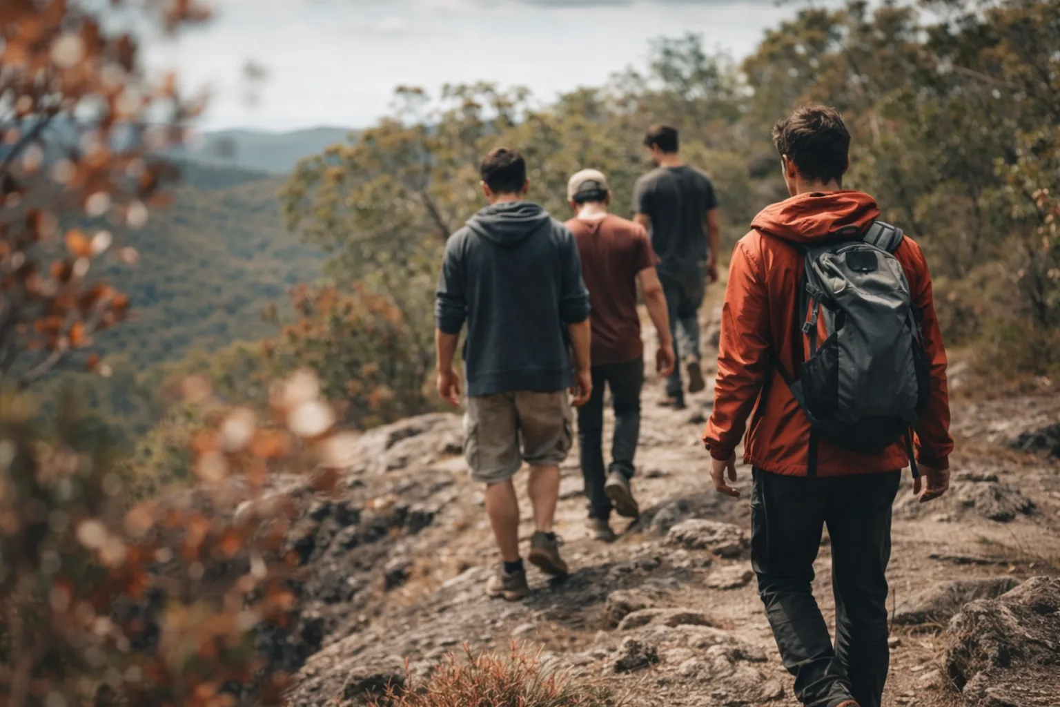 Young men hiking together through the Australian bush during Forged
