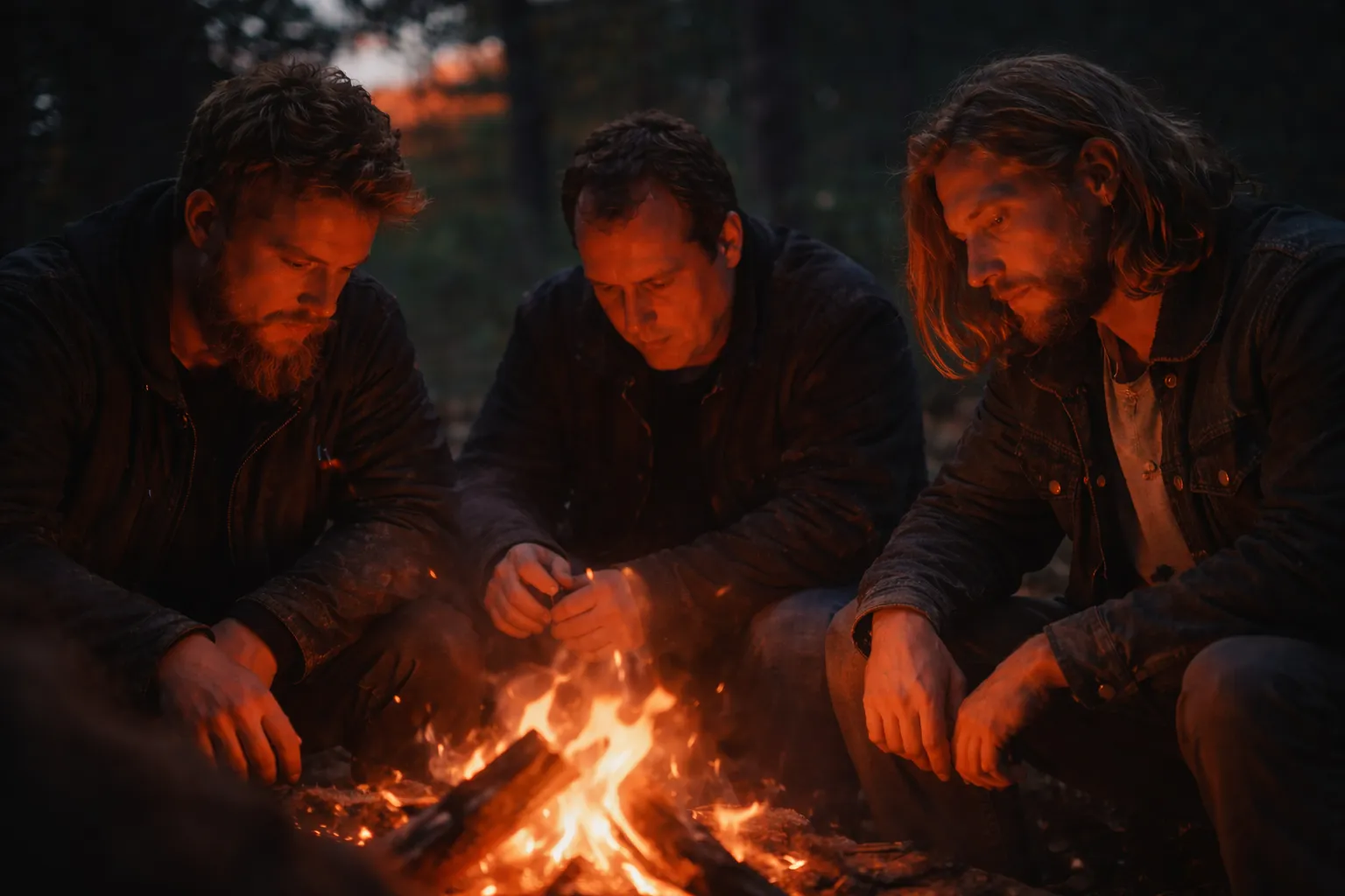 Three men sitting around a campfire at night, a warm and safe space