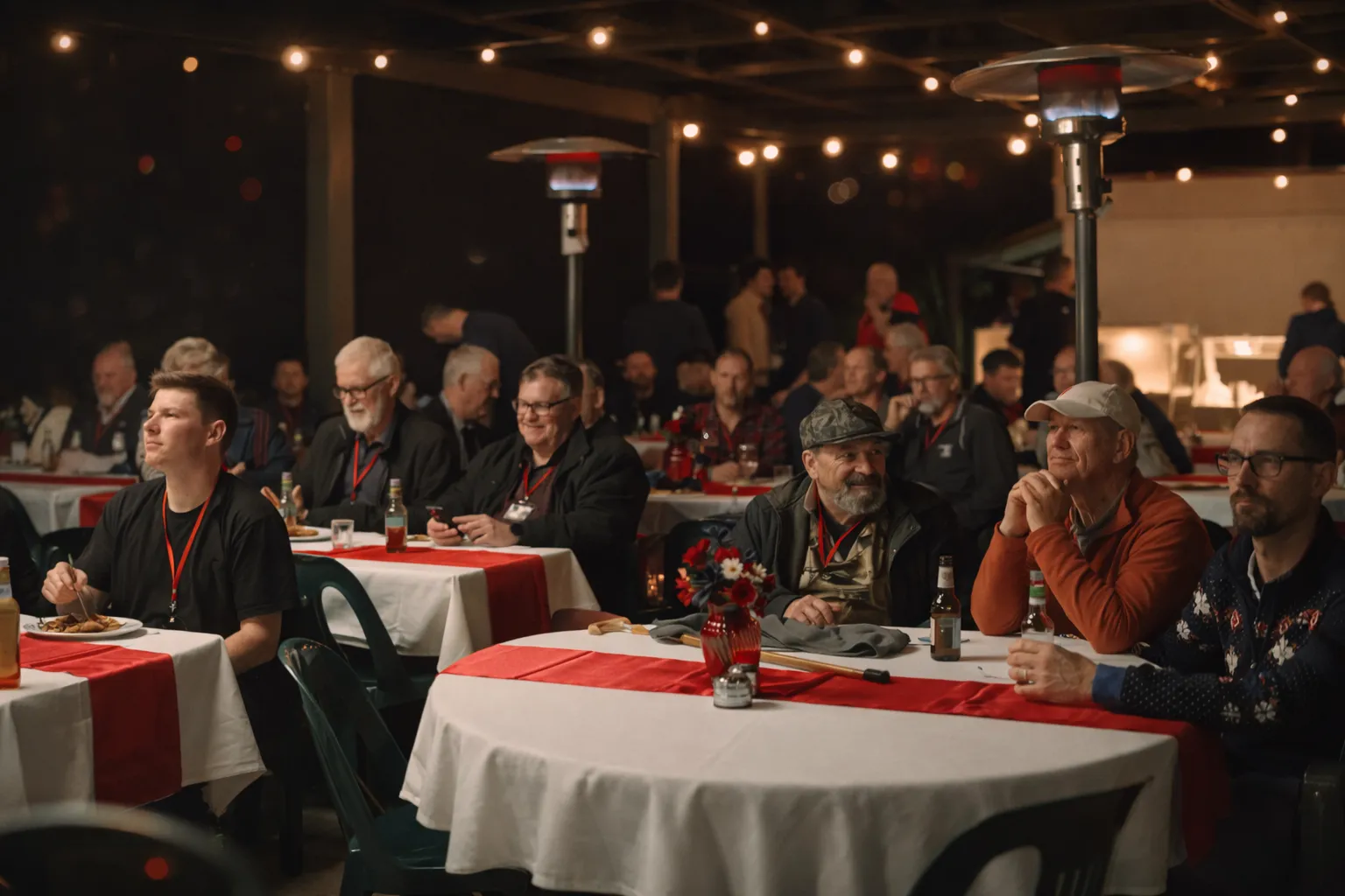 Men seated at dinner tables with warm lighting, sharing a meal at The Gathering