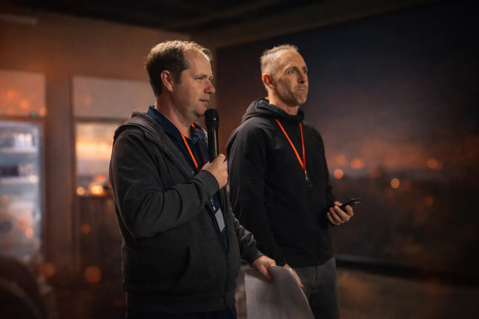 Two speakers presenting on stage at The Gathering