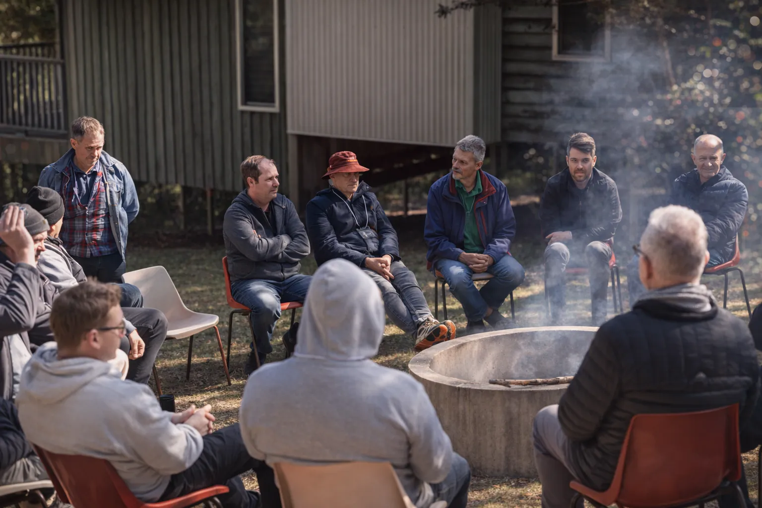 Men seated in a circle around a fire pit, talking openly in the Australian bush