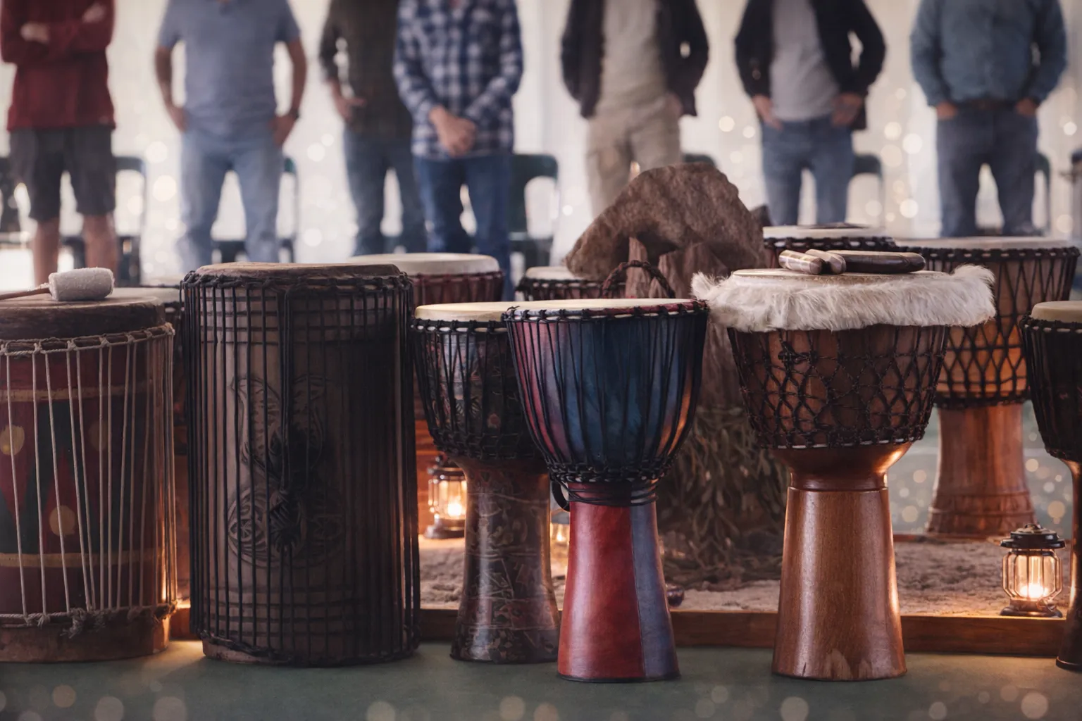 Djembe drums arranged together, ready for a drumming circle
